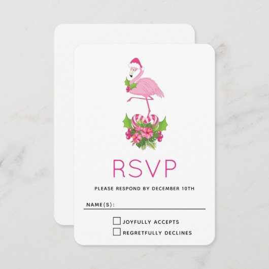 キャンディーケーンブーケとサンタハットのピンクのフラミンゴ 出欠カード (正面/裏面)