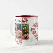 キャンディーケーンペパーミント写真クリスマスレッドグリーン ツートーンマグカップ (正面左)