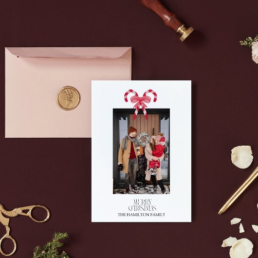 キャンディーケーンレッドピンクパターンクリスマスフォト シーズンカード