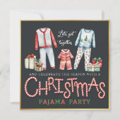 キャンディーケーン付きのクリスマスパジャマパーティーへの招待状 招待状 (正面)