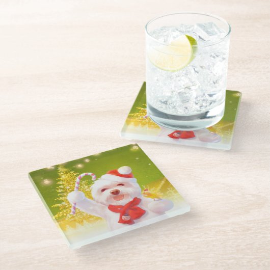 キャンディーケーン付きクリスマスドッグ ガラスコースター (アングル)