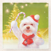 キャンディーケーン付きクリスマスドッグ ガラスコースター (正面)