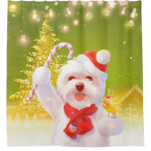 キャンディーケーン付きクリスマスドッグ シャワーカーテン (正面)