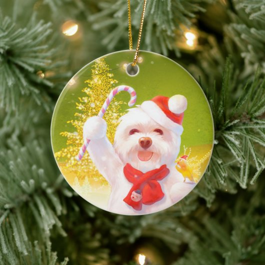 キャンディーケーン付きクリスマスドッグ セラミックオーナメント (ツリー)