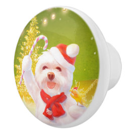 キャンディーケーン付きクリスマスドッグ セラミックノブ