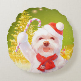 キャンディーケーン付きクリスマスドッグ ラウンドクッション