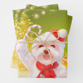 キャンディーケーン付きクリスマスドッグ ラッピングペーパーシート