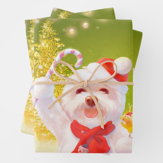 キャンディーケーン付きクリスマスドッグ ラッピングペーパーシート (インサイチュ)
