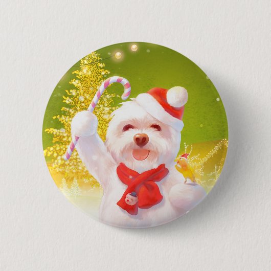 キャンディーケーン付きクリスマスドッグ 缶バッジ (正面)