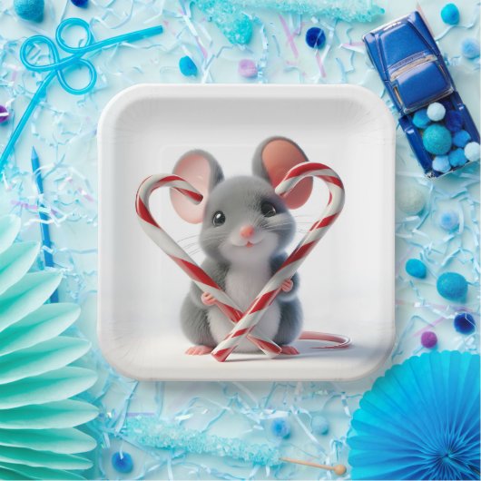 キャンディーケーン付きクリスマスマウスハート ペーパープレート (パーティー)