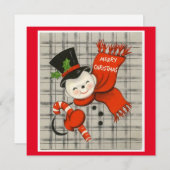キャンディーケーン付きヴィンテージクリスマス雪だるま シーズンカード (正面/裏面)
