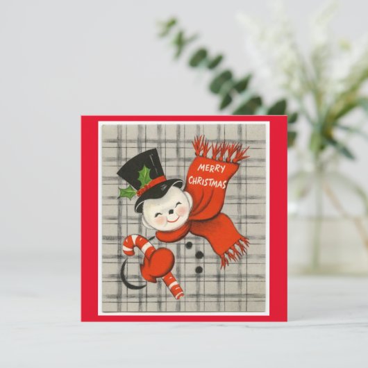 キャンディーケーン付きヴィンテージクリスマス雪だるま シーズンカード (スタンド正面)