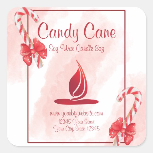 キャンディーケーン水彩クリスマスキャンドルラベル スクエアシール (正面)