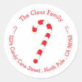 キャンディーケーン赤と白差出人住所ステッカー ラウンドシール (正面)