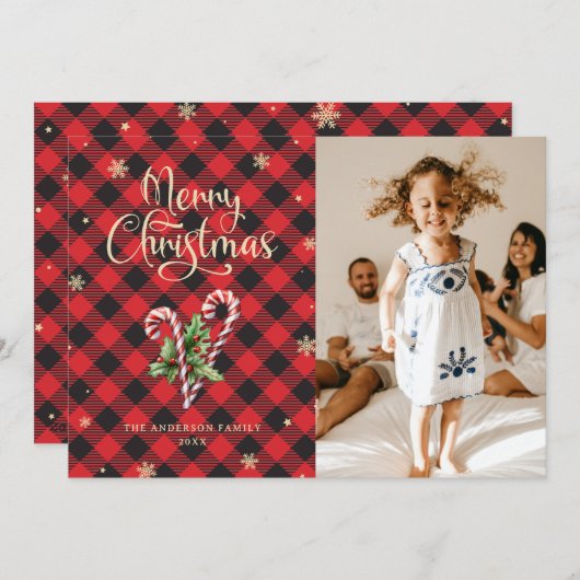 キャンディーケーン雪片プレイドフォトクリスマスカード シーズンカード (正面/裏面)