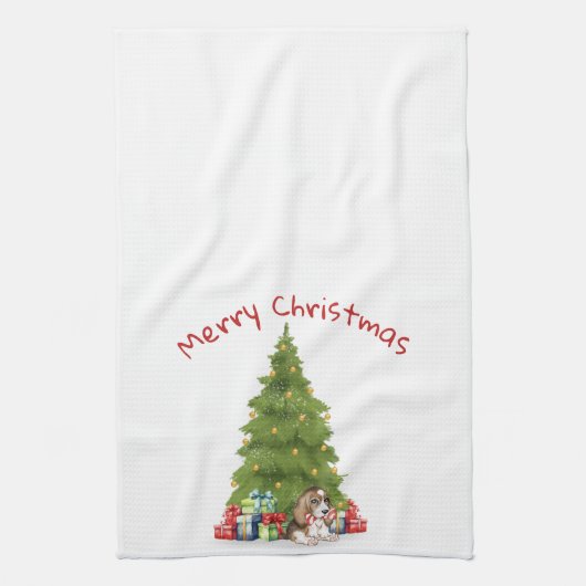 キャンディーケーン骨の付いたクリスマスバセットハウンド キッチンタオル (縦)