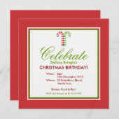 キャンディーケーン 赤と緑のクリスマス 誕生日 招待状 (正面/裏面)