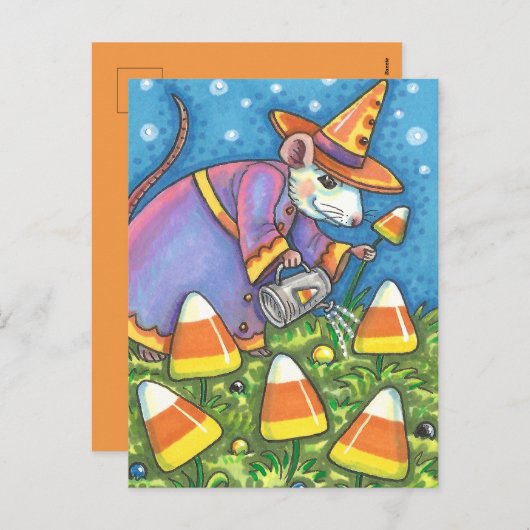 キャンディーコーンガーデンの白いカラフルネズミ&かわいい シーズンポストカード (正面/裏面)