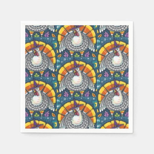 キャンディーコーンターキー、感謝祭フォークアートバード スタンダードカクテルナプキン (正面)