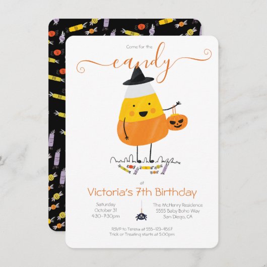 キャンディーコーンハロウィーン誕生日パーティトリックまたはトリート 招待状 (正面/裏面)