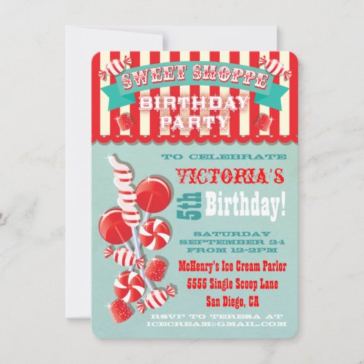 キャンディースイートショップの誕生日パーティーの招待状 招待状 (正面)