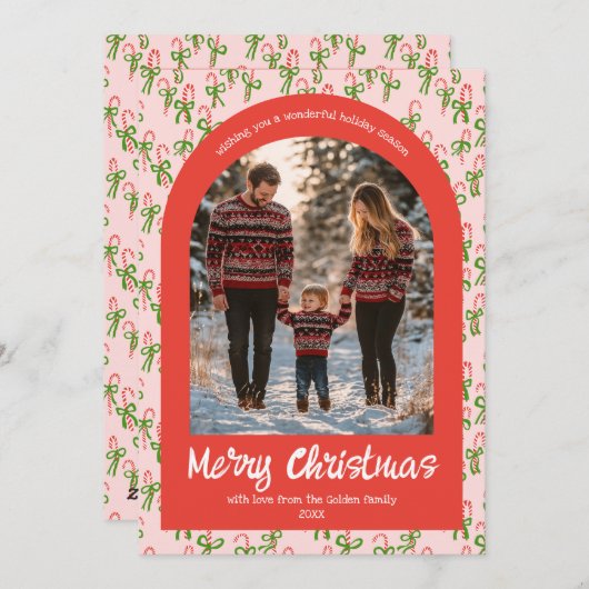 キャンディーズピンクレッドクリスマスカスタムクリスマスアーチ5写真 シーズンカード (正面/裏面)