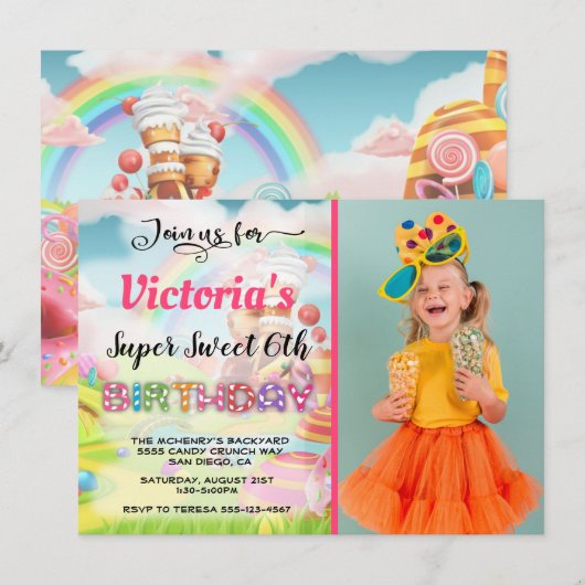 キャンディーランドの誕生日パーティーの写真 招待状 (正面/裏面)