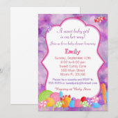 キャンディー招待 赤ちゃん女の子シャワー ピンク パープル 招待状 (正面/裏面)
