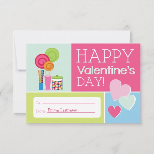 キャンディー＆ハーツ こども バレンタインカード / クラスルーム バレンタイン 招待状 (正面)