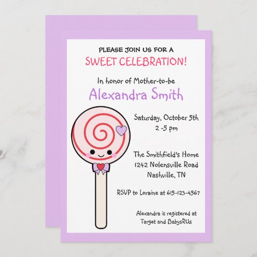 キャンディ棒つきキャンデーベビーシャワー 招待状 (正面/裏面)