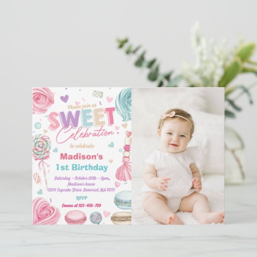 キャンディ祝ス・カップケーキ誕生日写真 招待状 (スタンド正面)