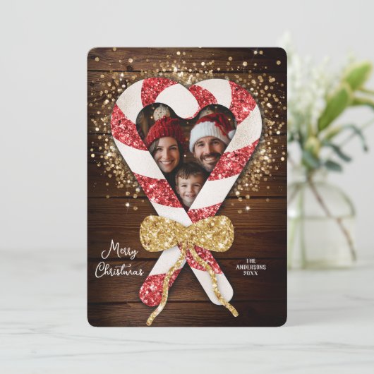 キャンディ素朴ケーンフレームファミリーフォトクリスマス 招待状 (スタンド正面)