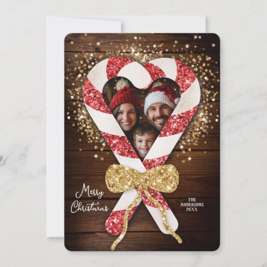 キャンディ素朴ケーンフレームファミリーフォトクリスマス 招待状 (正面)