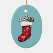 キャンディ缶とホリー付き赤いクリスマスストッキング セラミックオーナメント (正面)