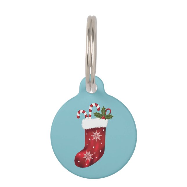 キャンディ缶とホリー付き赤いクリスマスストッキング ペット　ネームタグ (正面)