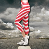 キャンディ赤と白キシンプルー横型ストライプの カプリレギンス