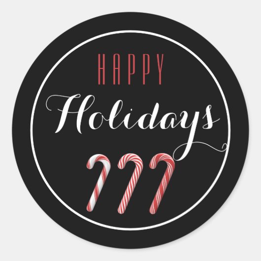 キャンディ赤と白キャンズハッピーホリデーステッカー ラウンドシール (正面)