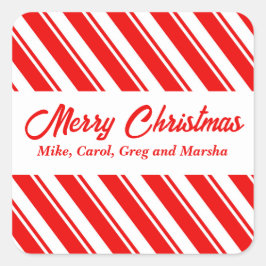 キャンディ赤と白ケインストライプのカスタムクリスマス スクエアシール