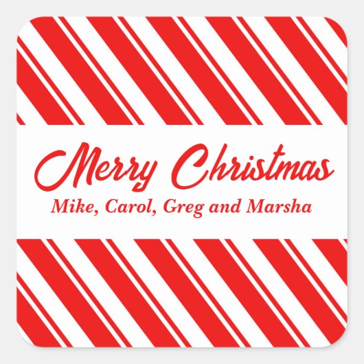 キャンディ赤と白ケインストライプのカスタムクリスマス スクエアシール (正面)