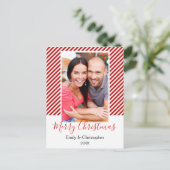 キャンディ赤と白ケインストライプズのクリスマスフォト シーズンポストカード (スタンド正面)