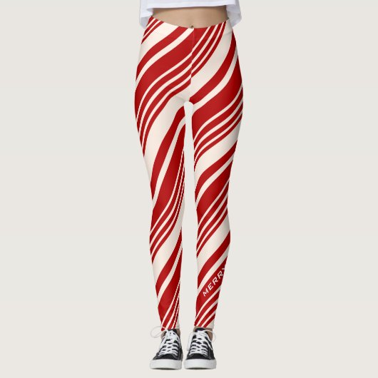 キャンディ赤と白ケインストライプメリークリスマス レギンス (正面)