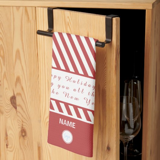 キャンディ赤と白ーHAPPY HOLIDAYSロゴギフト キッチンタオル (三つ折り)