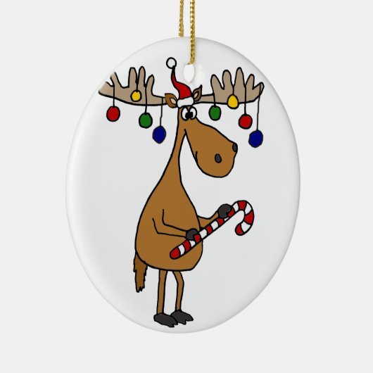 キャンディ・ケーンおよびオーナメントを持つおもしろいのクリスマスのアメリカヘラジカ セラミックオーナメント (右)