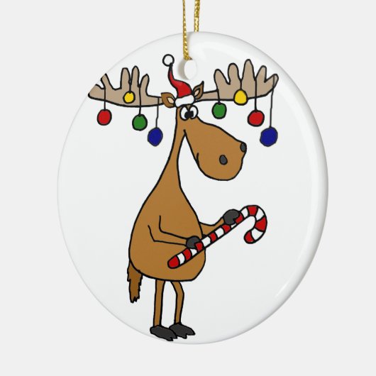 キャンディ・ケーンおよびオーナメントを持つおもしろいのクリスマスのアメリカヘラジカ セラミックオーナメント (左)