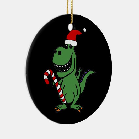 キャンディ・ケーンが付いているサンタの帽子のかわいいTレックスの恐竜 セラミックオーナメント (右)