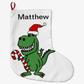 キャンディ・ケーンが付いているサンタの帽子のかわいいTレックスの恐竜 ラージクリスマスストッキング (正面)