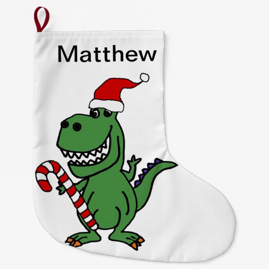 キャンディ・ケーンが付いているサンタの帽子のかわいいTレックスの恐竜 ラージクリスマスストッキング (正面)