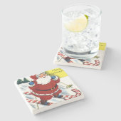 キャンディ・ケーンのスキークリスマスのサンタクロース ストーンコースター (横)