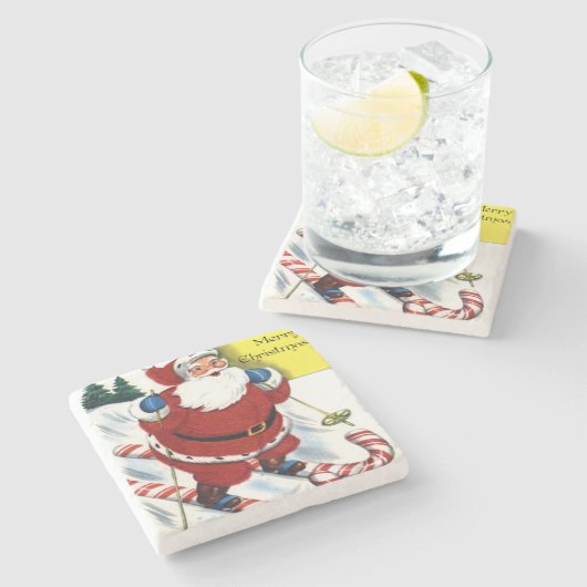 キャンディ・ケーンのスキークリスマスのサンタクロース ストーンコースター (横)