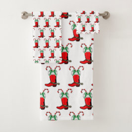 キャンディ・ケーンを使った西部のクリスマス・カウボーイ・ブーツ   バスタオルセット